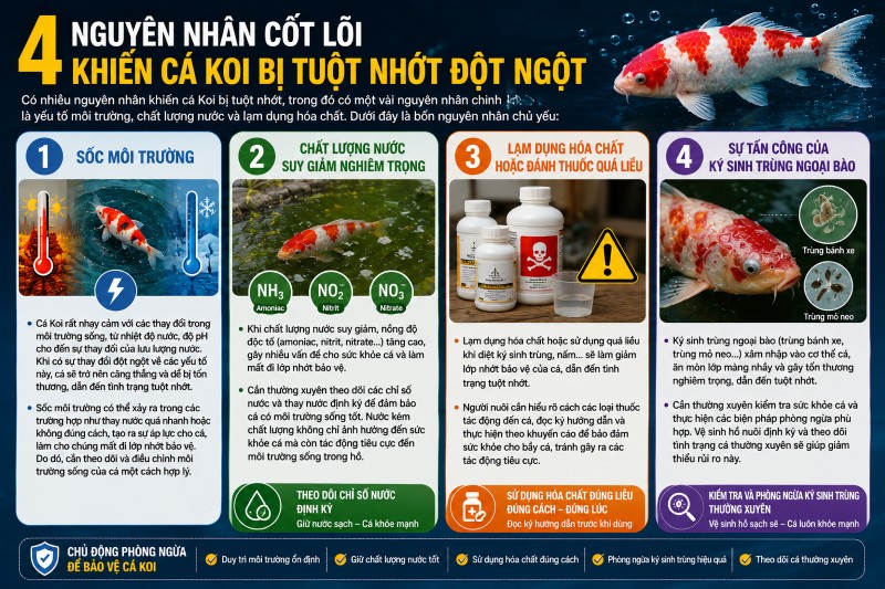 4 Nguyên nhân cốt lõi khiến cá Koi bị tuột nhớt đột ngột