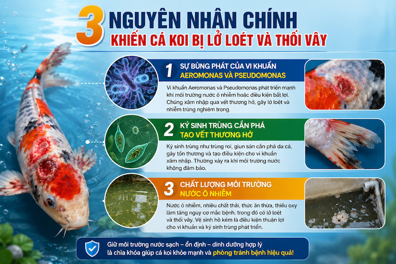 3 Nguyên nhân chính khiến cá Koi bị lở loét và thối vây