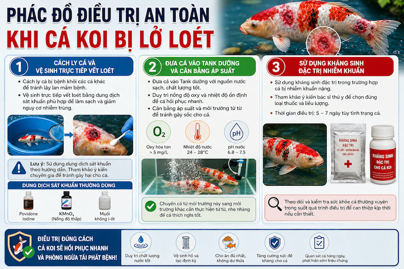 Phác đồ điều trị an toàn khi cá Koi bị lở loét