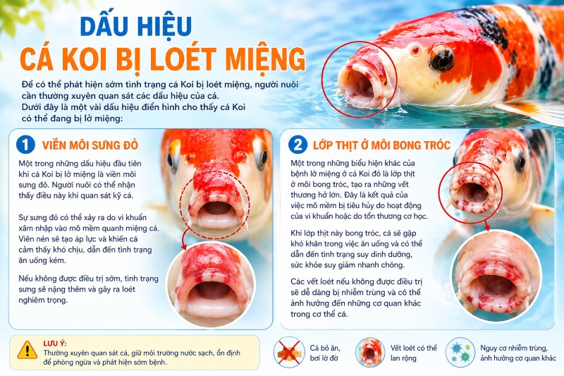 Những dấu hiệu cho thấy cá Koi bị lở miệng thường gặp