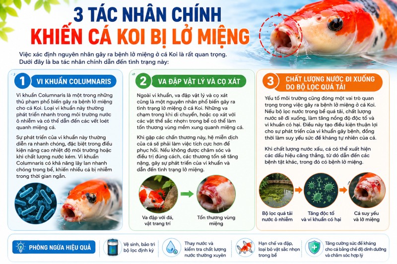 3 Tác nhân chính khiến cá Koi bị lở miệng