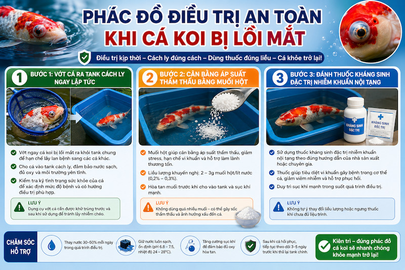 Phác đồ 3 bước điều trị an toàn khi cá Koi bị lồi mắt