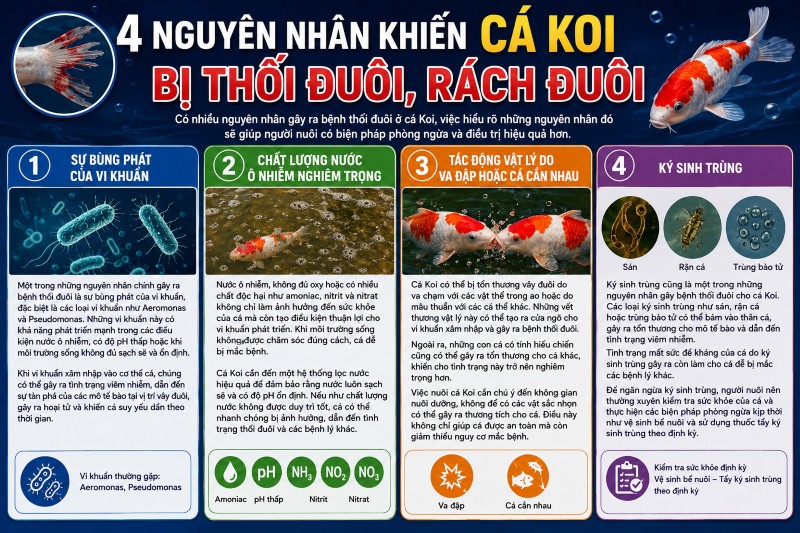 4 nguyên nhân chinh dẫn đến tình trạng cá Koi bị thối đuôi