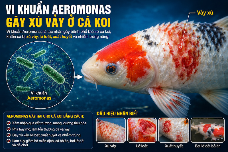 Cá Koi bị xù vảy do sự tấn công của vi khuẩn Aeromonas