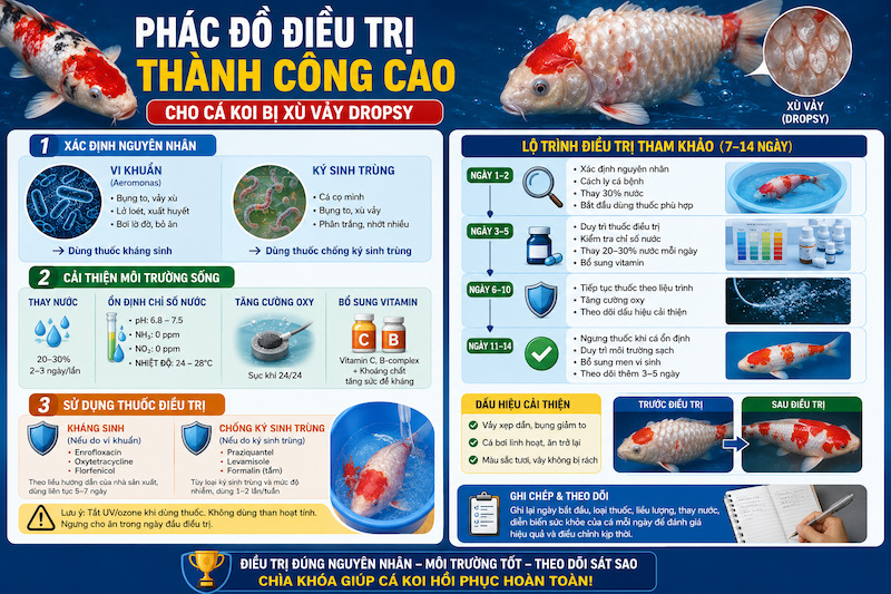 Phác đồ điều trị cho cá Koi bị xù vảy Dropsy