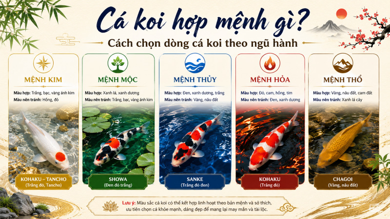 Màu cá koi hợp mệnh theo ngũ hành Kim Mộc Thủy Hỏa Thổ Màu cá koi hợp mệnh theo ngũ hành Kim Mộc Thủy Hỏa Thổ