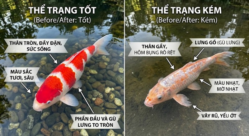 Cá koi thể trạng tốt và cá koi còi cọc Cá koi thể trạng tốt và cá koi còi cọc