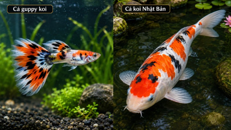 So sánh giữa cá guppy koi và cá koi Nhật Bản So sánh giữa cá guppy koi và cá koi Nhật Bản
