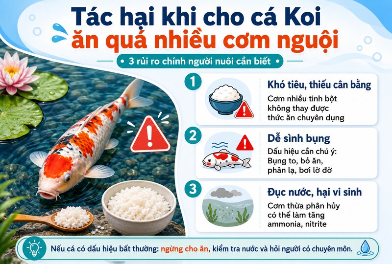 Tác hại khi cho cá koi ăn quá nhiều cơm nguội