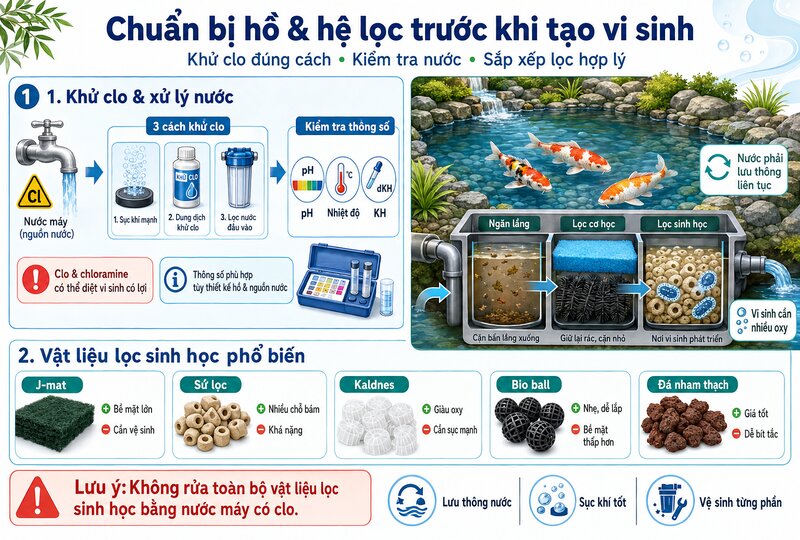 Chuẩn bị hồ và hệ thống lọc trước khi tạo vi sinh
