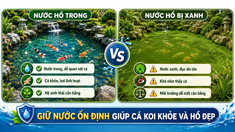 Nước hồ cá Koi trong và nước hồ bị xanh do tảo 