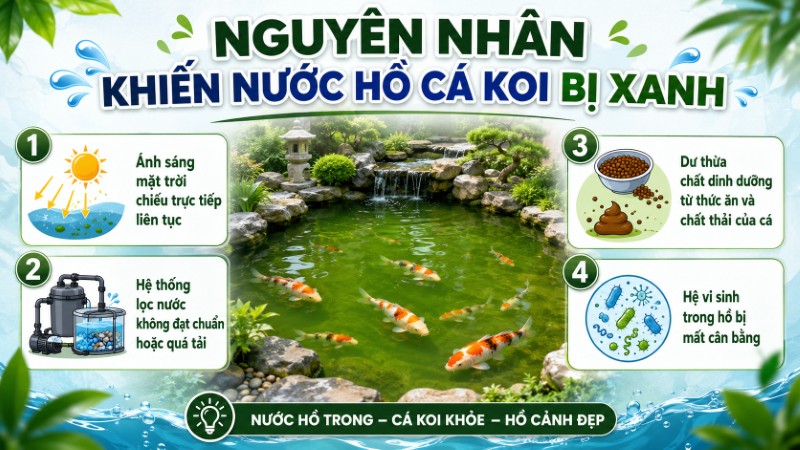 Các nguyên nhân khiến nước hồ Koi bị xanh 
