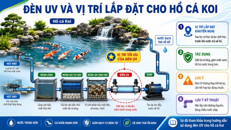 Vị trí lắp đặt đèn UV trong hệ thống lọc hồ Koi