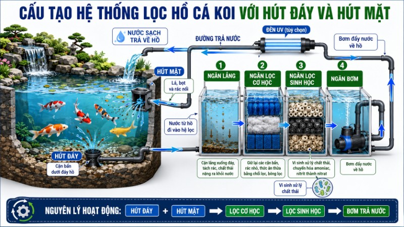 Cấu tạo hệ thống lọc hồ cá Koi với hút đáy và hút mặt 
