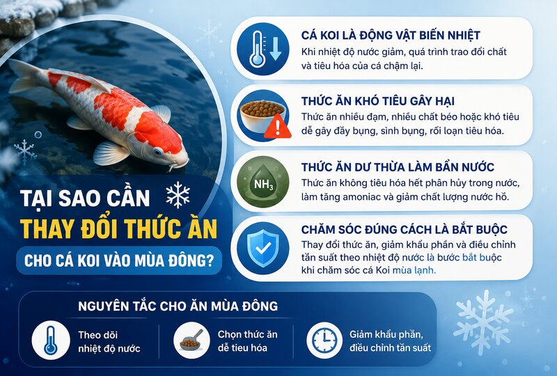 Tại sao cần thay đổi thức ăn cho cá Koi vào mùa đông? Tại sao cần thay đổi thức ăn cho cá Koi vào mùa đông?