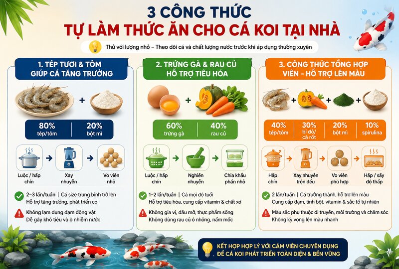 Hướng dẫn 3 công thức tự làm thức ăn cho cá Koi tại nhà