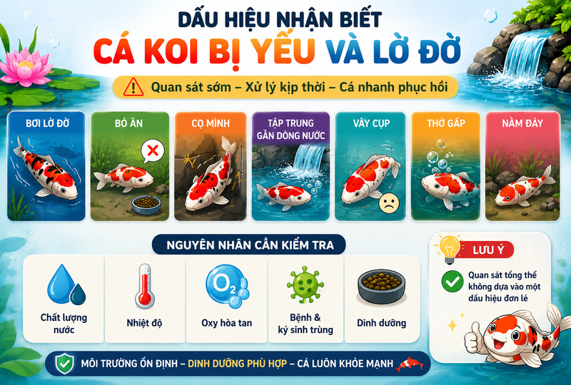 Dấu hiệu nhận biết cá koi bị yếu và lờ đờ