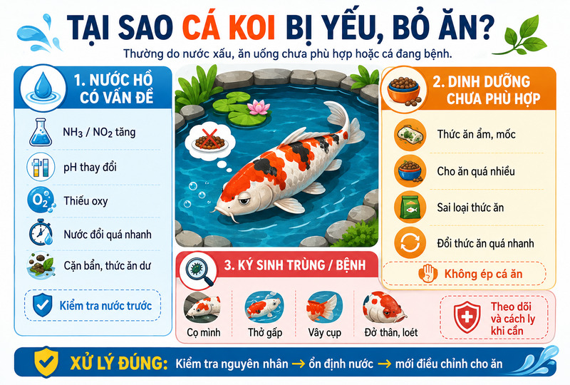 Tại sao cá koi bị yếu và bỏ ăn?