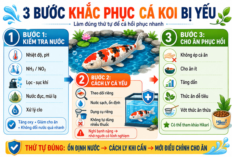 Quy trình 3 bước khắc phục tình trạng cá koi bị yếu nhanh chóng