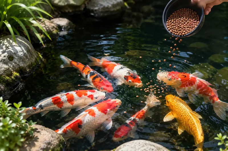 Cho cá Koi ăn đủ khẩu phần giúp giảm hành vi săn mồi