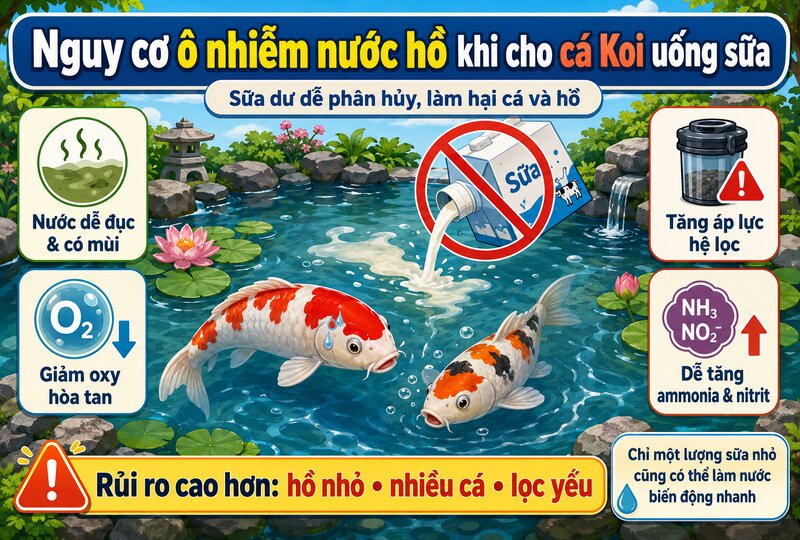 Nguy cơ ô nhiễm nguồn nước hồ nuôi khi cho cá koi uống sữa