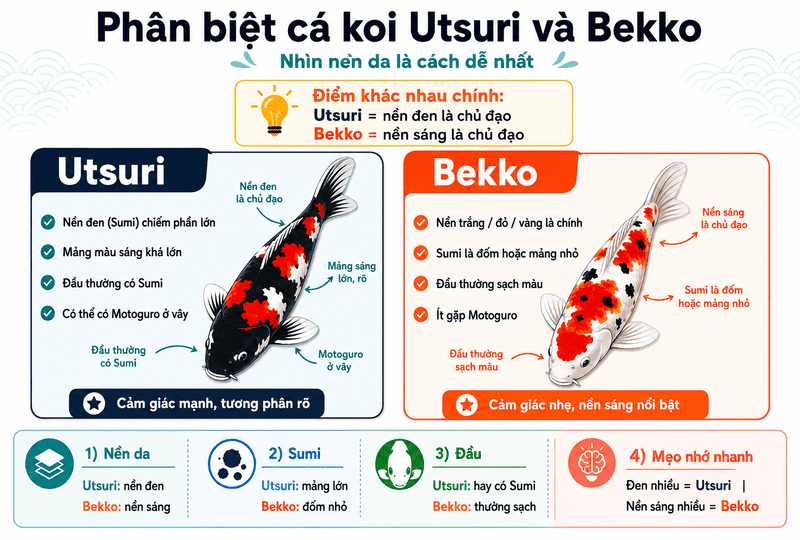 Cách phân biệt cá koi Utsuri và cá koi Bekko