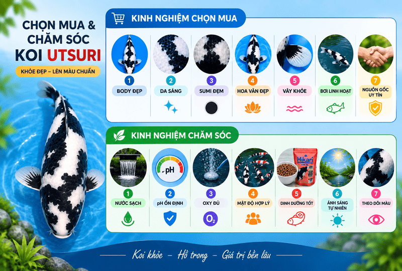 Kinh nghiệm chọn mua và chăm sóc cá koi Utsuri