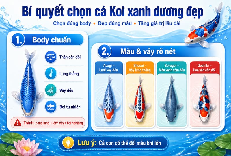 Bí quyết lựa chọn cá koi màu xanh dương đẹp đạt chuẩn