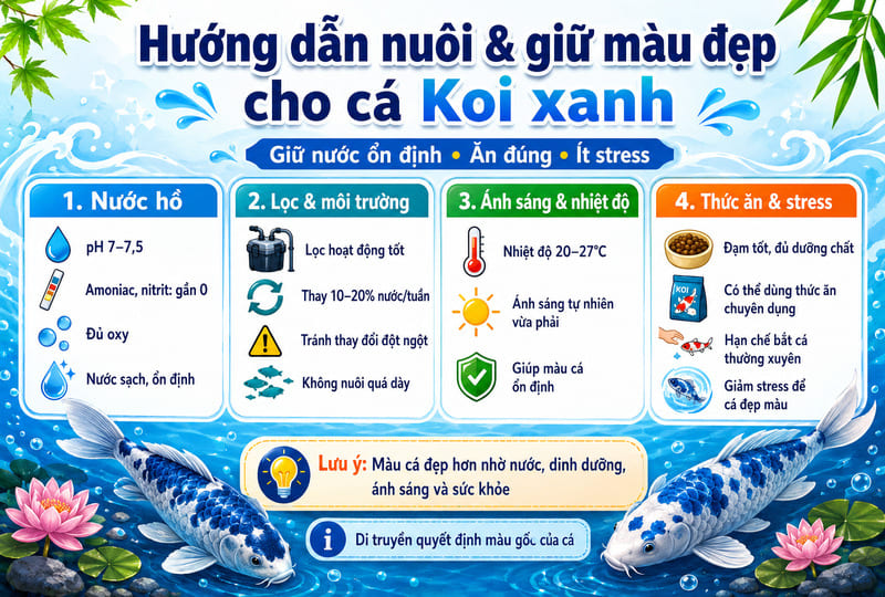 Hướng dẫn nuôi và giữ màu đẹp cho cá Koi xanh
