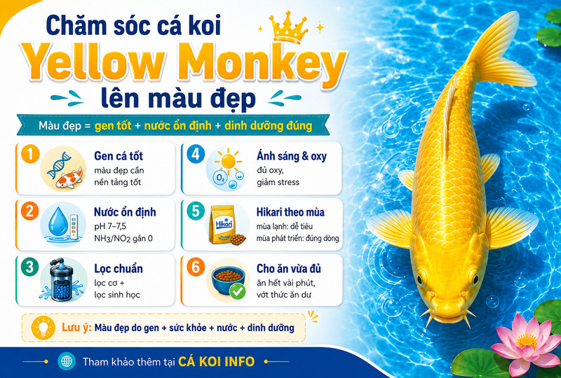Cách chăm sóc cá koi Yellow Monkey lên màu đẹp chuẩn