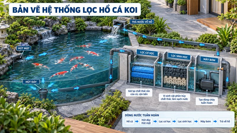 Bản vẽ hệ thống lọc hồ cá Koi với hút đáy, hút mặt và các ngăn lọc