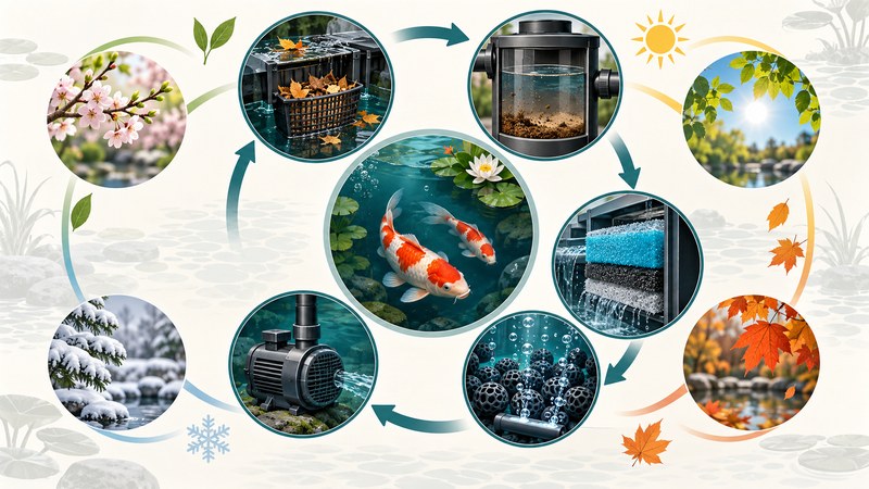 Infographic các hạng mục bảo trì lọc hồ Koi theo tình trạng thực tế và bốn mùa
