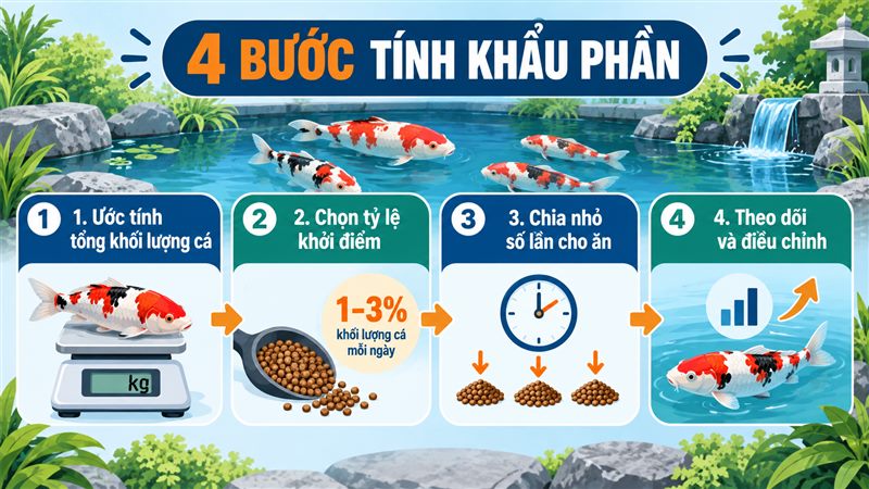 Infographic 4 bước tính khẩu phần thức ăn cá Koi mỗi ngày