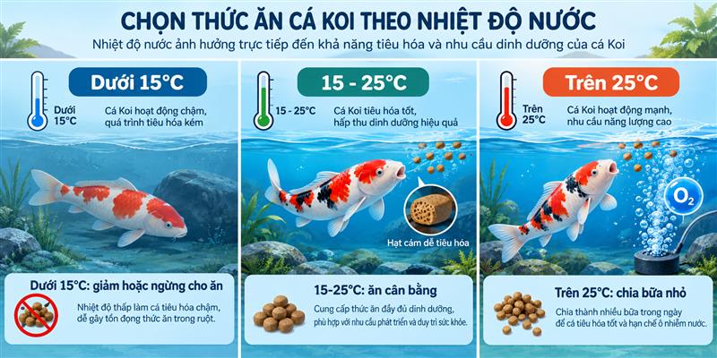 Sơ đồ chọn thức ăn cá Koi theo nhiệt độ nước