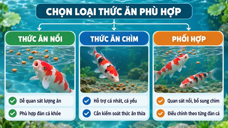 Sơ đồ chọn thức ăn nổi, thức ăn chìm hoặc phối hợp cho cá Koi