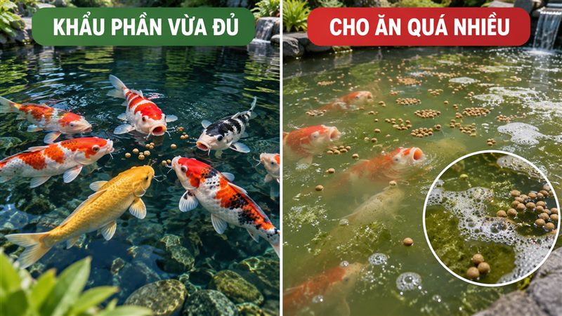 So sánh khẩu phần vừa đủ và tình trạng cho cá Koi ăn quá nhiều