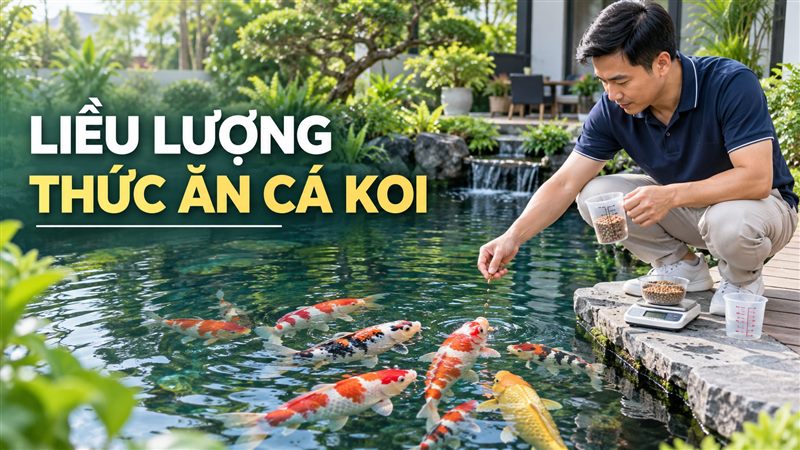 Người nuôi định lượng thức ăn cho đàn cá Koi bằng cân và cốc đong