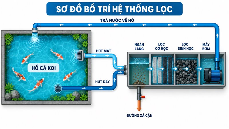 Sơ đồ bố trí hệ thống lọc hồ cá Koi hai tuyến hút và đường trả nước
