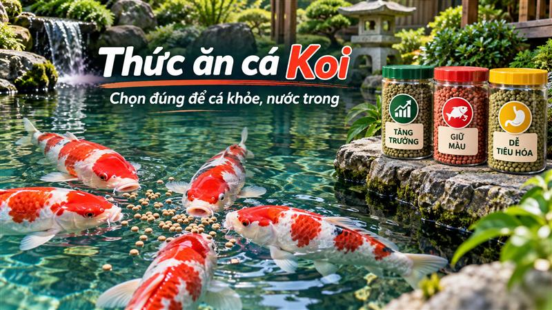 Cá Koi ăn thức ăn viên nổi trong hồ nước trong