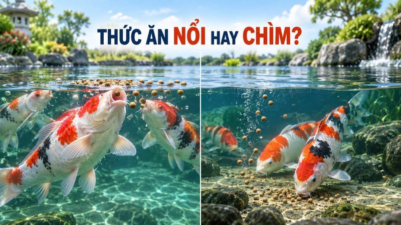 So sánh thức ăn nổi và thức ăn chìm cho cá Koi