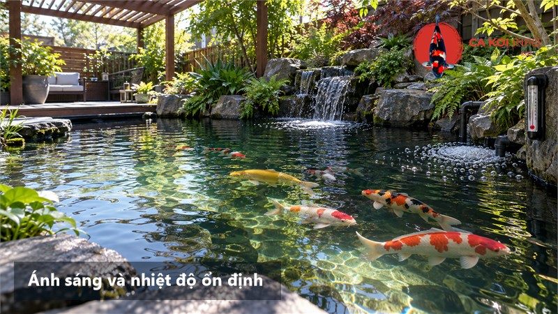 Hồ cá Koi có vùng che nắng, thác nước và nhiệt kế