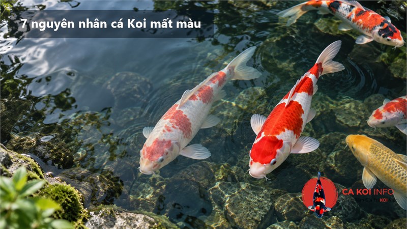 Cá Koi đỏ trắng có sắc độ đậm nhạt khác nhau trong hồ sạch