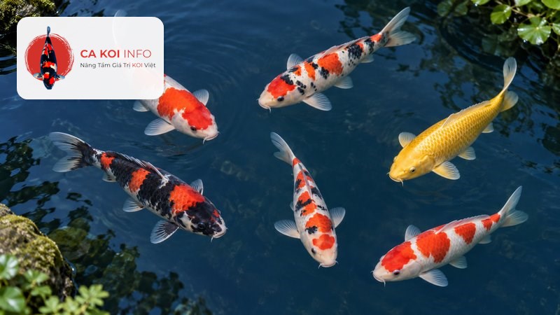 Đàn cá Koi non nhiều màu bơi trong hồ nước trong