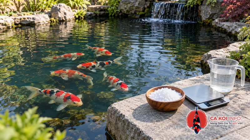 Hồ cá Koi cùng muối hột, cân và ca đong để chuẩn bị đúng liều