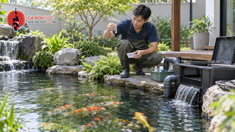 Người chăm hồ kiểm tra chất lượng nước bên cạnh hệ thống lọc và đàn cá Koi