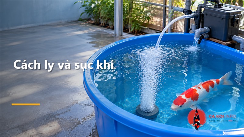 Cá Koi trong bể cách ly có sục khí và lọc riêng