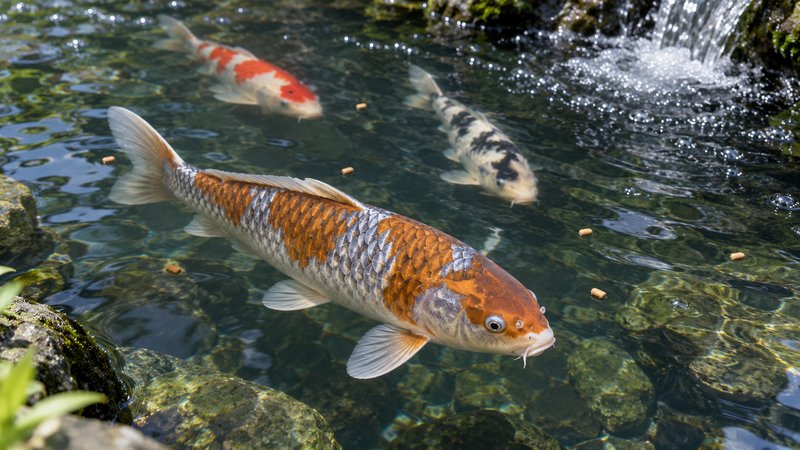 Cá koi Ochiba bơi trong hồ sạch có dòng nước và sục khí