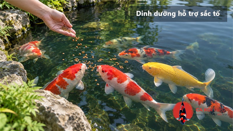 Đàn cá Koi ăn lượng cám vừa phải trong hồ