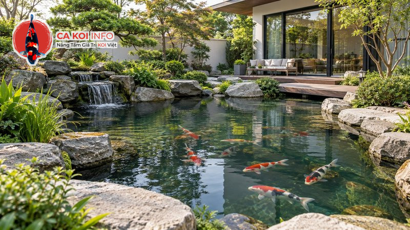 Hồ cá Koi hiện đại giữa khu vườn với đàn cá nhiều màu