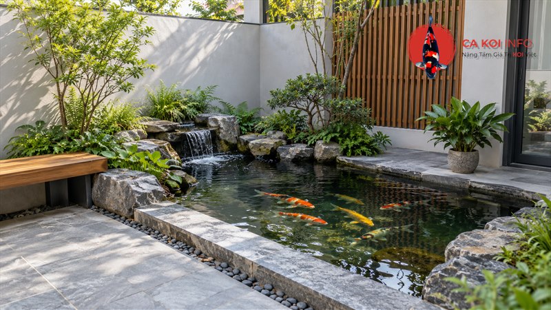 Hồ cá Koi mini bố trí ở góc sân với cây xanh và thác nước nhỏ
